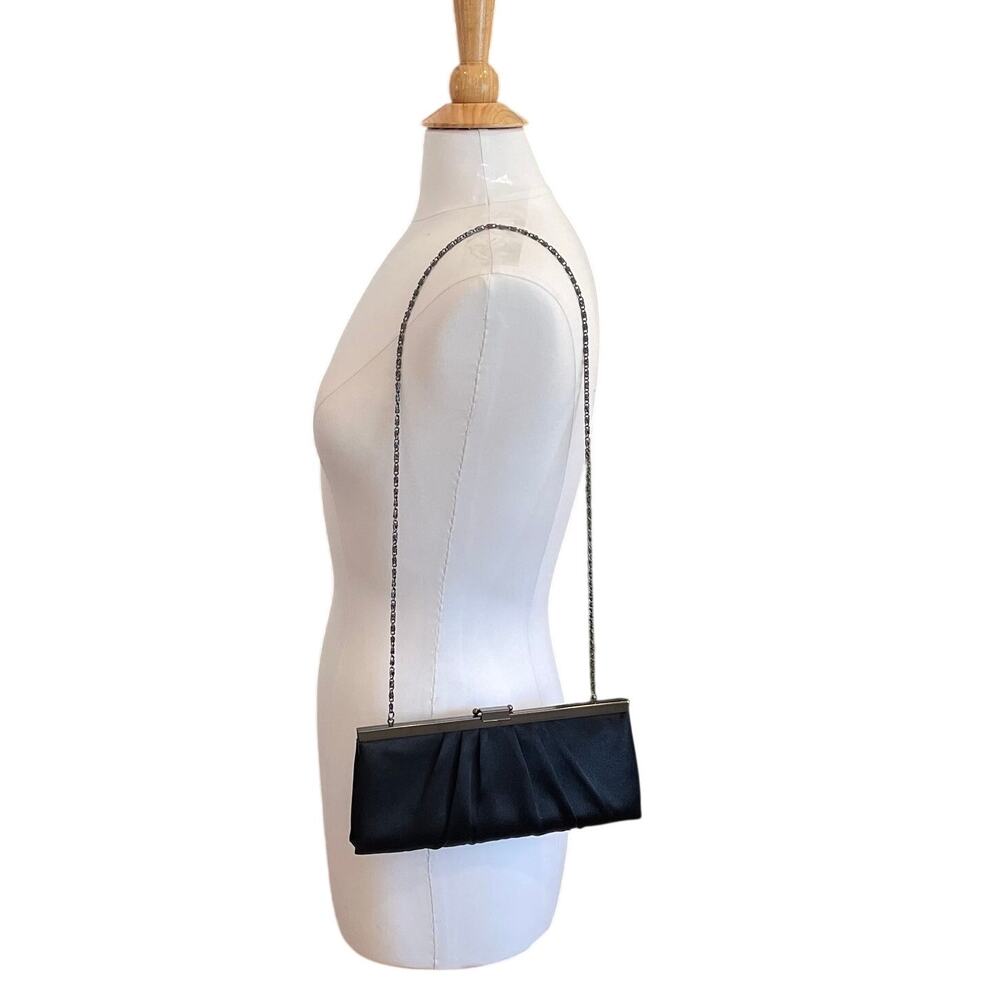 Jessica McClintock Black Satin Pleated Evening Clutch / Handbag, Chain Strap